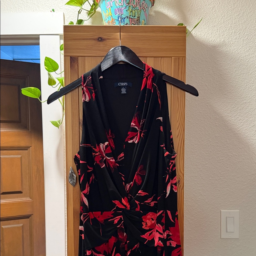 Chaps Black Red Floral Sleeveless Wrap Dress